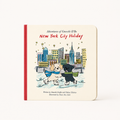 Book cover of 'New York City Holiday' with cartoon dogs and cityscape illustration.