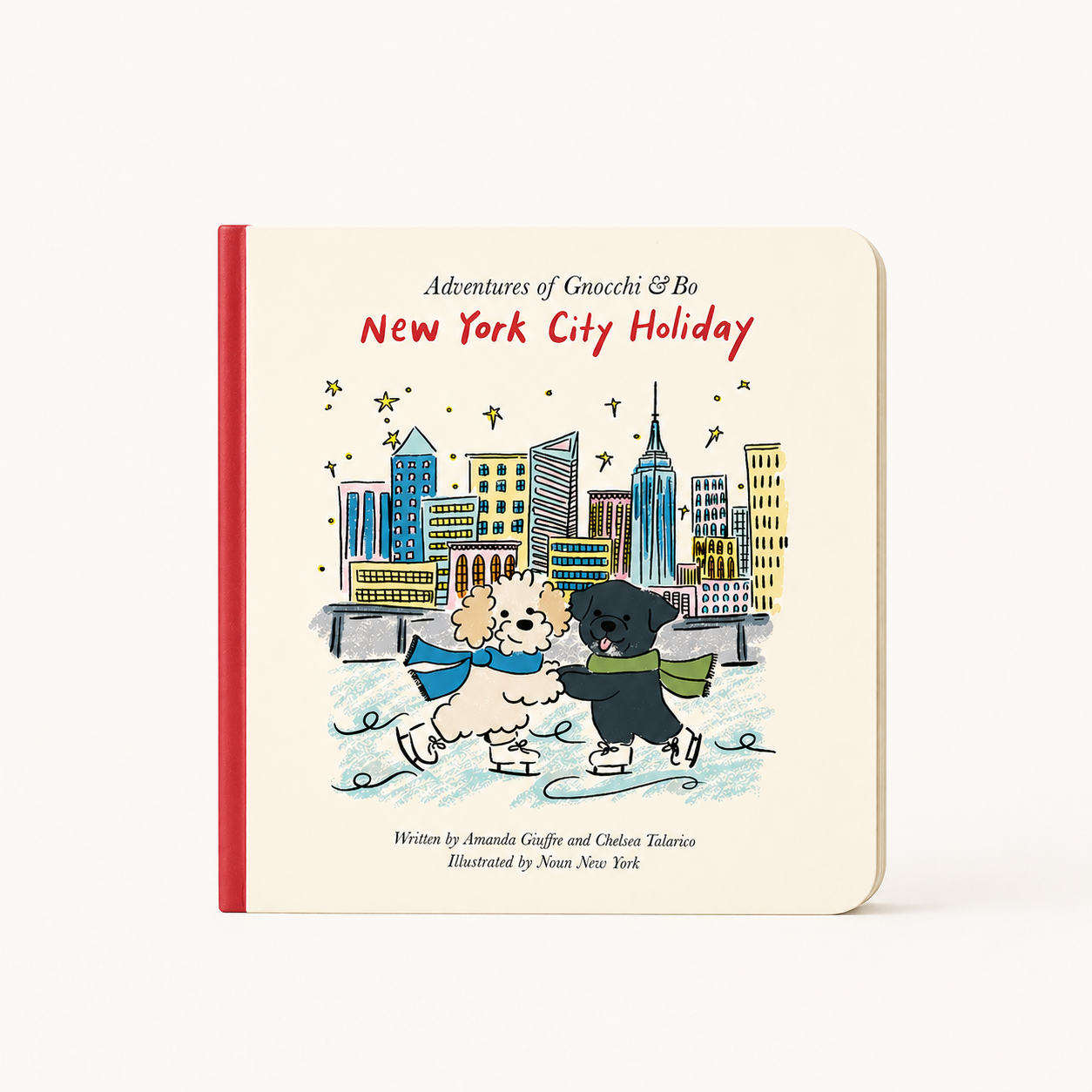 Book cover of 'New York City Holiday' with cartoon dogs and cityscape illustration.