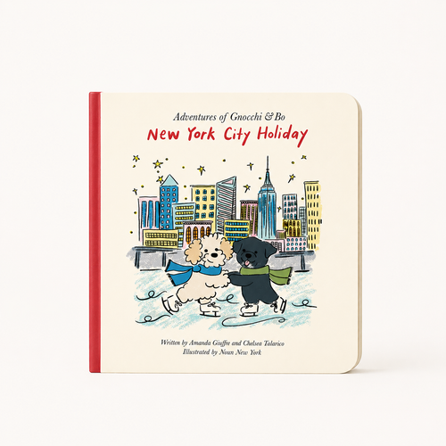 Book cover of 'New York City Holiday' with cartoon dogs and cityscape illustration.